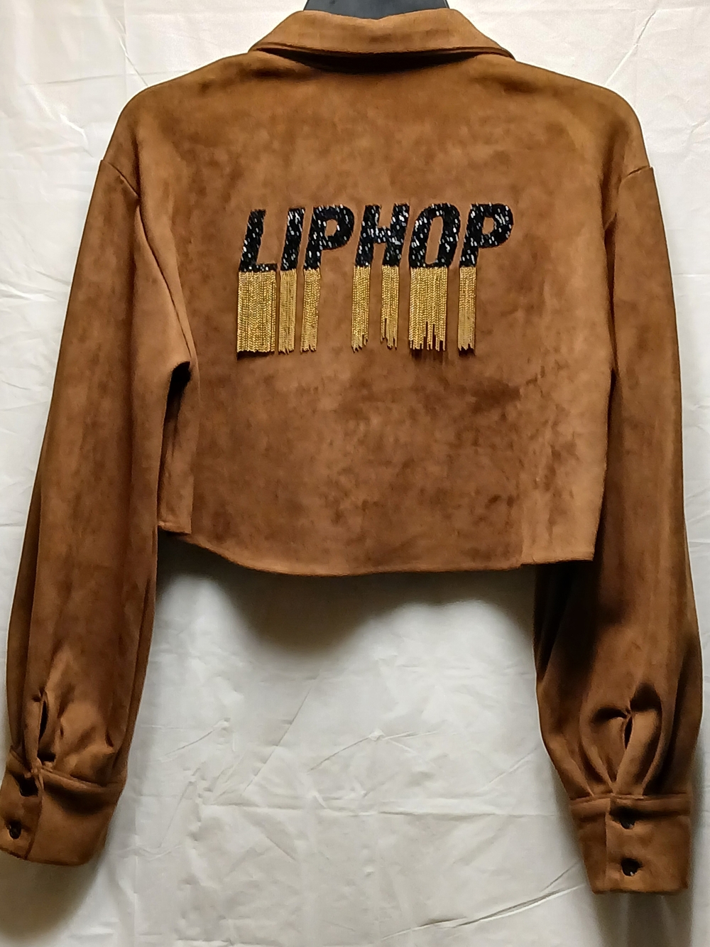 LIPHOP Women's Cropped Suede-Feel Fringe Jacket in Brown